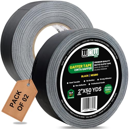 Wow Gaffers Tape 2 Inch Black - 50 Yards (Pack of 2), Residue Free, Non-Reflective & Heavy-Duty - Professional Grade Gaff Tape - Ideal for Photography Backdrop, Cables, Cords & Floor Taping - color: Black, size: Pack of 2 (Value Pack)