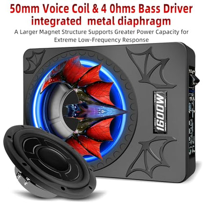 1600W 10" Slim Under Seat Subwoofers with Built-in Amp | LED Ambient Light, Deep Bass, Individual Controls (LPF/Gain/Bass Boost), High Output Distortion-Free Audio, Suitable for All Vehicle Models - color: Red BF