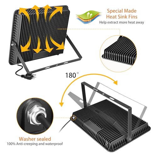 YANYCN 2 Pack 300W Warm White Led Flood Lights Outdoor,3000K Super Bright 43500LM Security Lights with Plug,Exterior IP66 Waterproof FloodLight for Basketball Court, Yard, Garden, Playground - color: 3000K 300W led flood light 2 pack