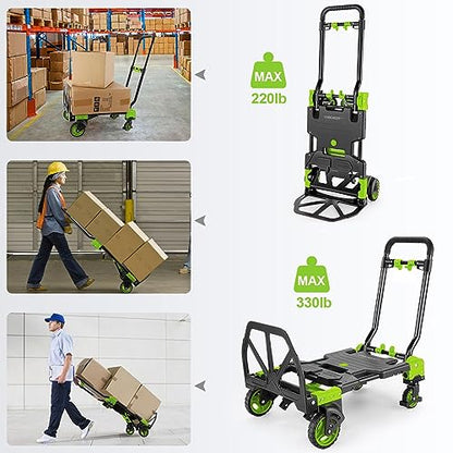 Folding Hand Truck Dolly, 330lb Convertible 4 to 2 Wheel Moving Cart, Green | Dolly Cart with Retractable, Aluminum Alloy & Cast Iron Build, Nylon Wheels,Compact Fold,for Moving,Office,Delivery,Outdoor - size: 330LB Green