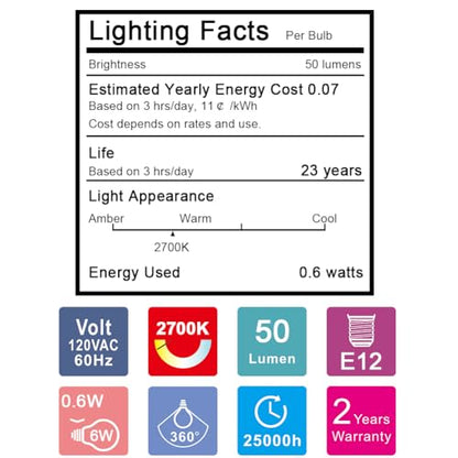 Emotionlite C7 LED Bulbs, E12 Candelabra Base, Amber 2200K, 50LM, 4 Pack | 0.6W low power bulb, equivalent to 4–7W incandescent, ideal for salt lamp & nightlight replacement - color: 2200k Amber Glow, size: 4 Count (Pack of 1)