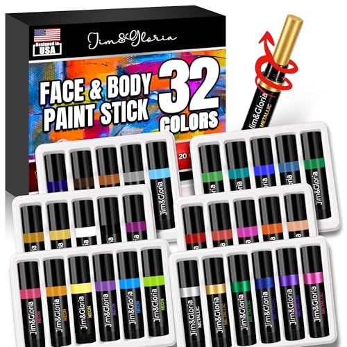 Jim&Gloria Face Paint Kit Bulk 32 Professional Face Painting Kit for Party, Metallic, Neon, Classic Makeup, Facepaint Crayons, Washable Body Paint Adults, Teenage Girls and Boys Christmas Gifts Crafts