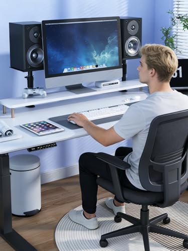 suptek Clamp-on Speaker Stand Desk Mount Set, Height Adjustment, ±12° Tilt, Swivel, 9.6 x 8.8 inch Trays, Universal Audio Holders for Bookshelf Speakers, Elevated Sound, 2 Pack, Black, SDM001GTB - size: Tilt Speaker Stands