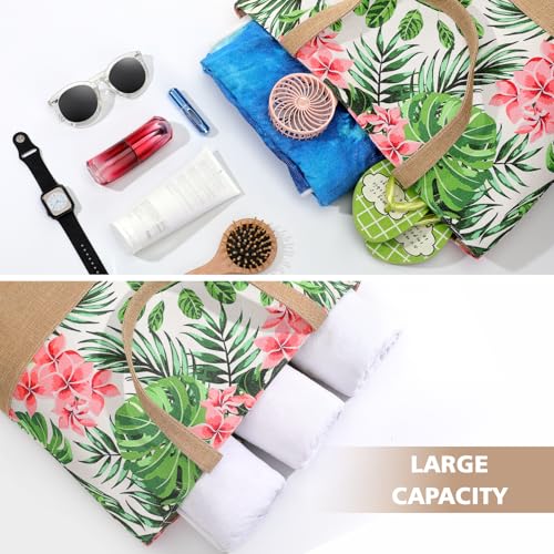 Trifabricy Beach Bags for Women,Waterproof Straw Beach Tote Bag With Zipper - color: Pink Floral