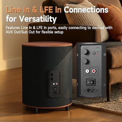 LITTOAK Powered Subwoofer, 6.5’’ Sub with DSP, Up to 100 Watts Home Theater Subwoofers, Down-Firing Subs, Class-D Amp, 40-250Hz, Auto On/Off, Low Pass dial, Phase Switch, Big Bass in Compact Design - color: Brown