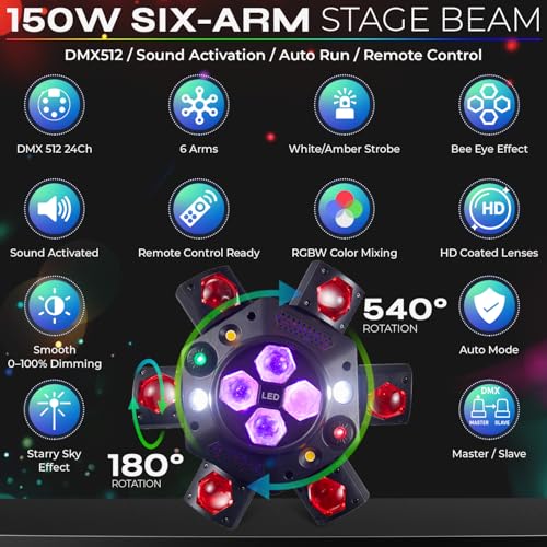 150W 6-Arm Spider Bee-Eye Moving Head LED DJ Light | 4-in-1: 6 moving RGBW beams, 4 center bee-eye wash lights, R/G starry laser, white/amber strobe, sound active, 24CH DMX