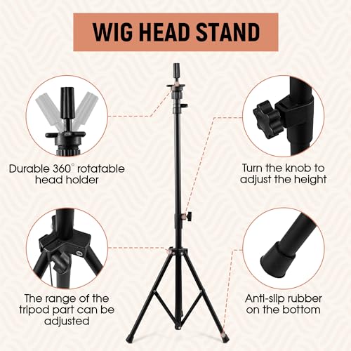 Tall Wig Tripod Stand with 23 Inch Head for Styling,Making | Wig Stand with Canvas Mannequin Head for WIg Display,with Wig Caps,T-PIN,C Needles,Clips,Carrying Bag,Comb(37.4-50.8 Inch) - color: Carbon Black