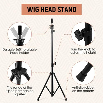 Tall Wig Tripod Stand with 23 Inch Head for Styling,Making | Wig Stand with Canvas Mannequin Head for WIg Display,with Wig Caps,T-PIN,C Needles,Clips,Carrying Bag,Comb(37.4-50.8 Inch) - color: Carbon Black