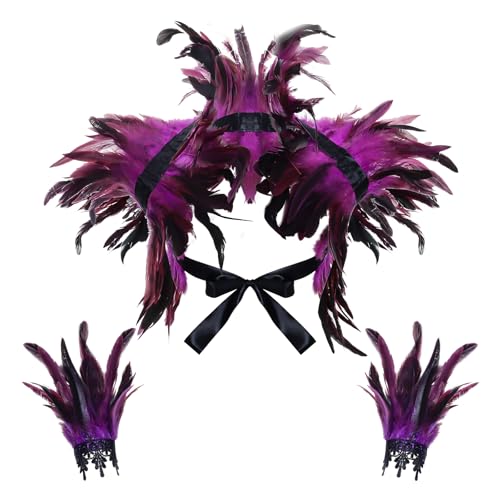 2Pcs Witch Feather Shawl Wrist Cuff for Women | Gothic Crow Shrug Shawl, for Halloween, Feather Costume Accessories - color: Purple