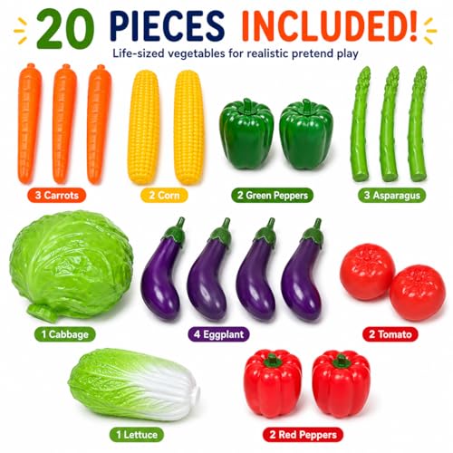 20 Pieces Play Vegetables Playset - Life-Sized Toy Food for Kids Kitchen, Healthy Farmer's Market Grocery Pretend Play Plastic Toy Set for Toddlers