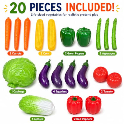 20 Pieces Play Vegetables Playset - Life-Sized Toy Food for Kids Kitchen, Healthy Farmer's Market Grocery Pretend Play Plastic Toy Set for Toddlers