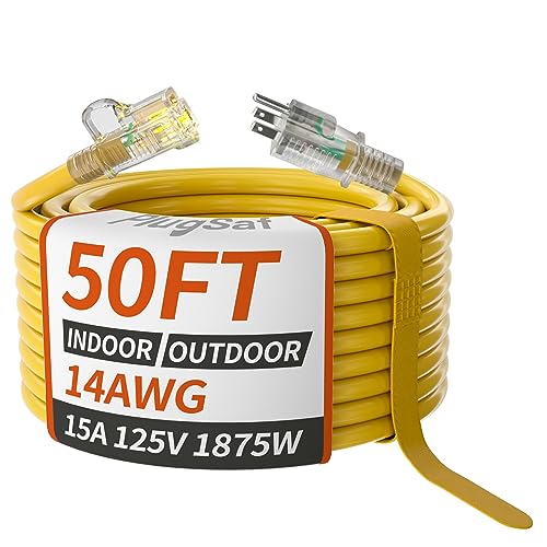 PlugSaf 14/3 AWG 50 FT Extension Cord, Heavy Duty Extension Cord, Yellow - color: Yellow, size: 50FT