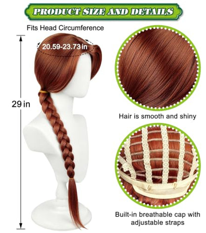 Red Brown Braided Cosplay Wig, Long Synthetic Costume Hair | Adjustable cap included, long red-brown braid for princess costume, Halloween, fantasy dress-up, parties, and role play - color: Red