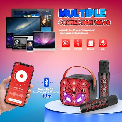 Cool Mini Karaoke Machine Toys: Kids Microphone Toys Birthday Gifts Age 3-12+ LED Portable Bluetooth Speaker with 2 Wireless Mic Gift Toy for 4 5 6 7 8 9 Years Old Girls Boys - color: Black