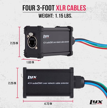 LyxPro 4-Channel XLR to RJ45 Ethercon Audio Snake Pair, 3 ft Cables | Male/female 4-channel breakouts with 3-ft color-coded XLR leads; carries analog audio, AES or DMX over CAT6 up to 330 ft. - size: Pair - 3 Feet XLR