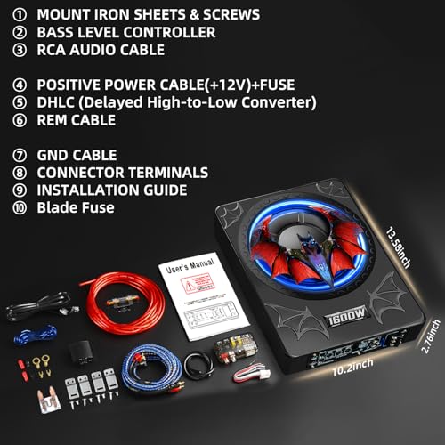 1600W 10" Slim Under Seat Subwoofers with Built-in Amp | LED Ambient Light, Deep Bass, Individual Controls (LPF/Gain/Bass Boost), High Output Distortion-Free Audio, Suitable for All Vehicle Models - color: Red BF