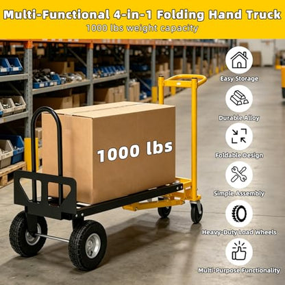 4 in 1 Convertible Hand Truck Dolly, 1000Lbs Capacity, Heavy Duty Folding Hand Truck Dolly Cart with Wheels 10" All-Terrain Tires, Hand Trucks for Logistics, Home, Office, School, Yellow - color: Yellow