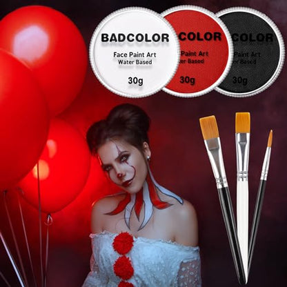 White Black Red Joker Clown Face Body Paint with Brushes for Halloween Makeup, Water Based Face Painting Kit Non Toxic for Kids & Adults, Facepaint Set for Skull Witch Goth Vampire SFX Cosplay Make Up - color: Black+White+Red+3Pcs Brushes