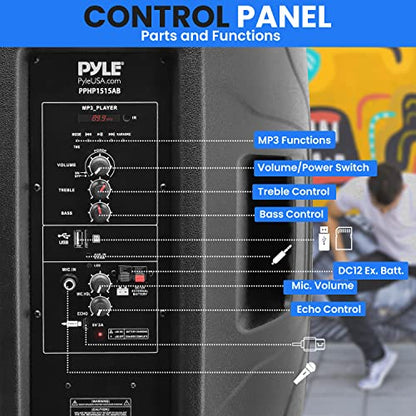 Pyle 15” Portable Bluetooth PA Speaker System - 800W Wireless Rechargeable Loudspeaker with LED Party Lights, Rolling Wheels, Built-in Amp, & Remote Control - Indoor/Outdoor Karaoke Machine (Black) - size: 15 inches