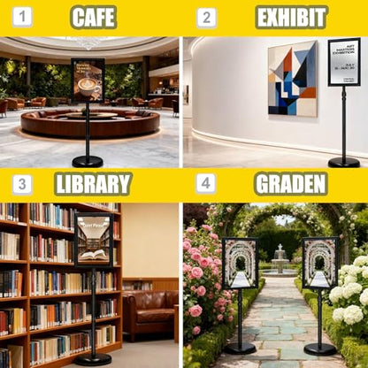QISHENG - 2 Pack Sign Holder Stand, 8.5x11" Adjustable Floor-Standing Poster Sign Stand, 360°Rotation Aluminum Snap-Open Frame Display for Commercial Malls / Schools / Restaurants Advertising, Outdoor&Indoor