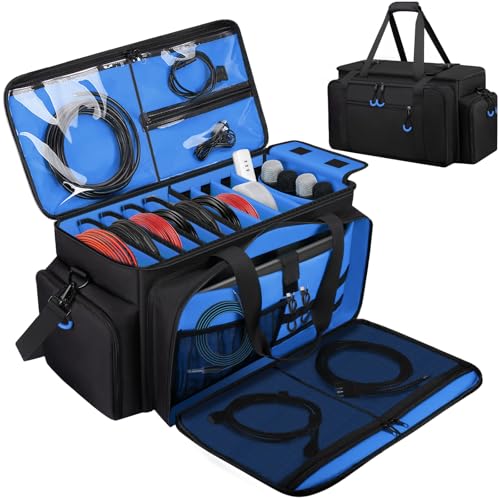 Large Dj Cable Bag with Detachable Dividers, Bottom Pad | Dj Bag for Equipment and Accessories with Laptop and Microphone Pocket, Dj Gig Bag for Musician, Professional, Travel, Blue - color: Blue, style: Dj Cable Bag