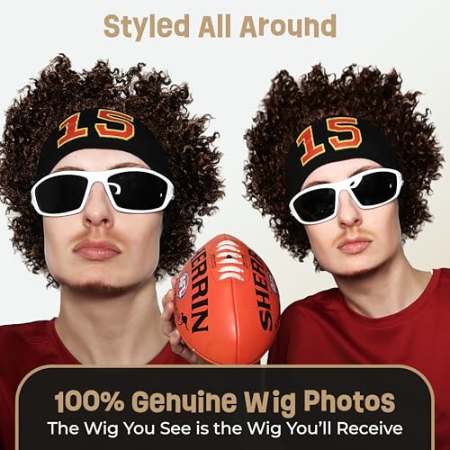 ALLAURA - Patrick Mahomes Wig + Sweatband 100% Realistic Curly Brown Wig for Men Women Fits All Non-itch Football Cosplay - color: 21-Brown