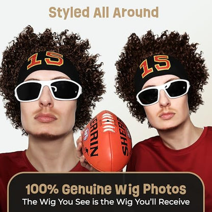 ALLAURA - Patrick Mahomes Wig + Sweatband 100% Realistic Curly Brown Wig for Men Women Fits All Non-itch Football Cosplay - color: 21-Brown