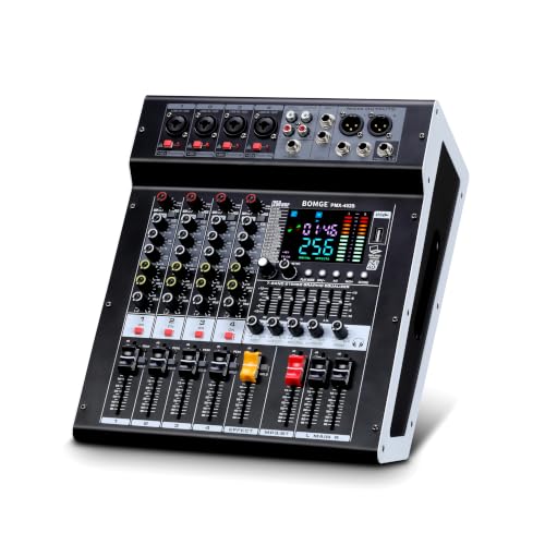 BOMGE 4-Channel Audio Interface Mixer with 256 DSP, Bluetooth 48V Phantom Power, 2x350W Amplifier (4 Ohm) for Studio Recording, DJ Mixing, Karaoke, Concert Party & Streaming