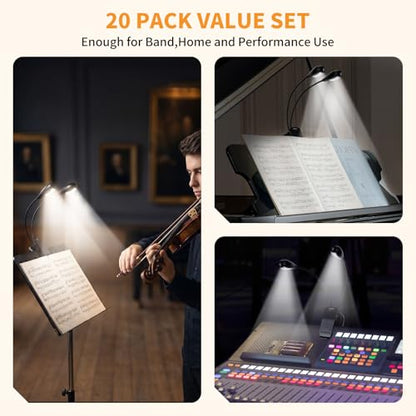 VZZNN 20 Pack Music Stand Light,Clip on LED Book Light for Piano Guitar Sheet Music,USB & AAA Battery Operated,4 Brightness Levels Dual Arm Reading Lamp for Musicians Orchestra Travel