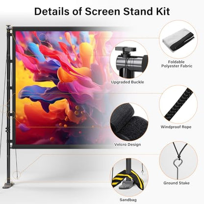 Outdoor Projector Screen with Stand 100 Inch, 16:9 Portable 4K HD Indoor Movie Screen, Large Double-Sided Washable Screen with Carry Bag, Sandbags for Backyard, Camping, Home Theater - size: 100 IN