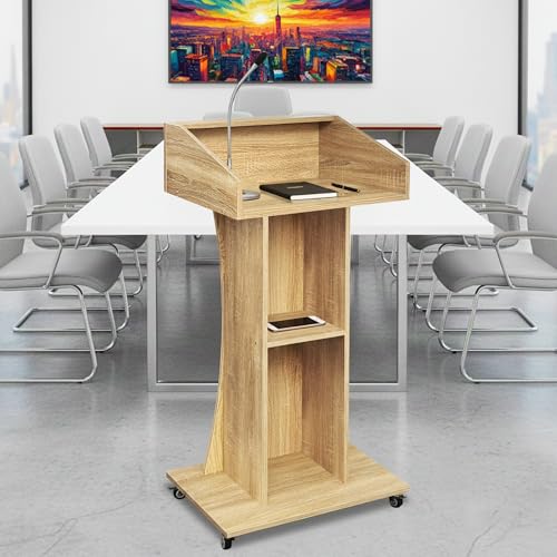 Podium Stand with Lockable Wheels,47"H Wooden Podium for Classroom, Mobile Pulpit Lectern with 3 Storage Shelves for Church, Office,Conference Room (White Oak) - color: White Oak