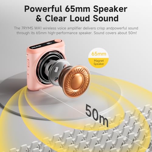 7RYMS WA1(SE) Wired Voice Amplifier with Headset Microphone | 65mm speaker, DSP noise reduction and AUX input deliver clear sound for teaching, tours, training and presentations (Pink)