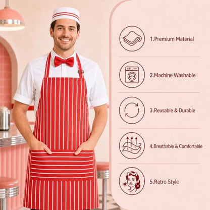 Adult 1950s Waiter Costume Kit for Men Women | Movie Night Worker Costume Set with Red & White Striped Apron Hat Bow Tie Polka-dot Scarf for Halloween 1950s Party Cosplay - color: Red - Men 5pcs