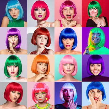 Short Bob Straight Hair Wigs with Bangs, Heat Resistant Fiber Hair, Heart-shaped Glasses for Women (Blue) - color: Blue