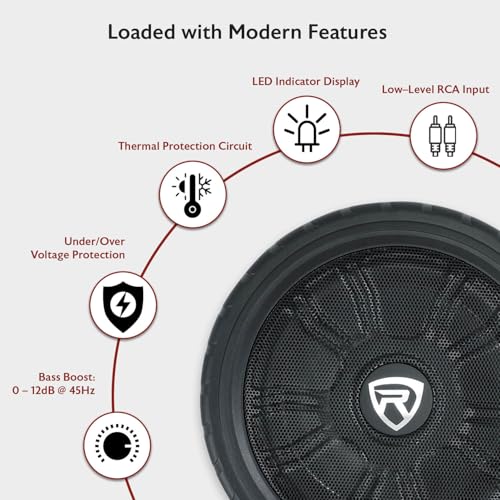 Rockville Wheel of BASS 8 Inch Slim Under-Seat Powered Truck/Car Subwoofer | 500W Peak, 125W RMS, Cast Aluminum, Metal Bass Knob, Auto Turn-On, High/Low Level Inputs, MOSFET