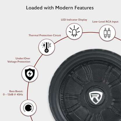 Rockville Wheel of BASS 8 Inch Slim Under-Seat Powered Truck/Car Subwoofer | 500W Peak, 125W RMS, Cast Aluminum, Metal Bass Knob, Auto Turn-On, High/Low Level Inputs, MOSFET