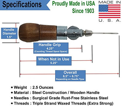 Repair Stitch Tool | Sewing Awl for Bounce Houses, Inflatables, Leather, Thick Fabric, Shoes, Bags, Belt, Upholstery Repair Kit & Crafts Leather, Tarp Stitching – Made in USA. Professional Heavy Duty