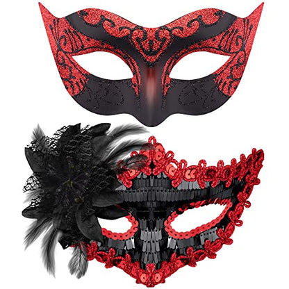 SIQUK Couple Masquerade Masks Set Venetian Party Mask Costume Mask - color: Black & Red