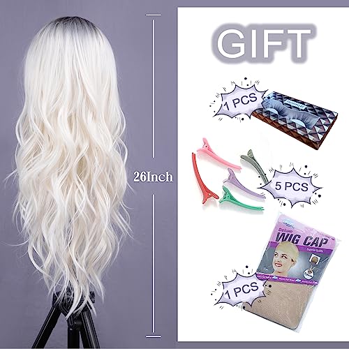 Aida ble Long Wavy White Wig for Women 26inch Middle Part Synthetic Wig | Natural Looking Heat Resistant Hair,Suitable for Daily Wear,Party,Halloween and Cosplay,Beginner-friendly Wig - color: White