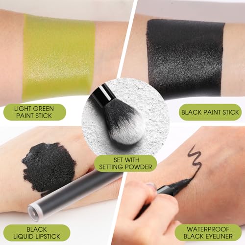 BOBISUKA Light Green & Black Face Body Paint Stick Kit with Black Lipstick & Eyeliner Pen, Setting Powder & 2 Sponges – Halloween Makeup Set for Beetle Juice, Demon, Monsters, Witches & Gothic Looks - color: Light Green & Black Painting Stick Set