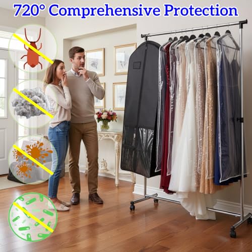 72" Long Wedding Dress Garment Bag with 10" Gusset, Bridal Gown Storage Cover with 4 Pockets, Dress Bag for Women Gowns,Prom,Ballgowns, (Black and Clear) - color: Black and Clear