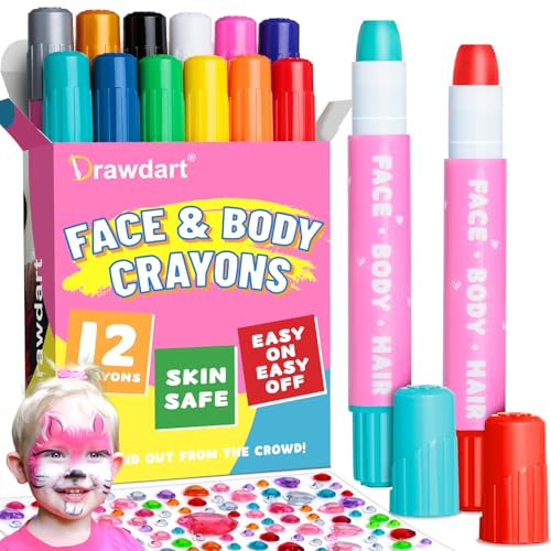 Drawdart Face Painting Kit for Kids- 12 Vibrant Colors Face Paint Crayons- Safe and Washable Face Paint Sticks for Adults Kids Party, Halloween, Birthday Makeup