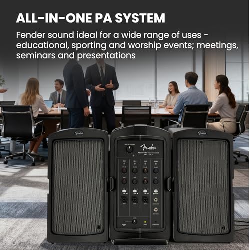 Fender Passport Conference S2 Portable PA System Bundle with Microphone Kit, Compact Speaker Stands, and Instrument Cable