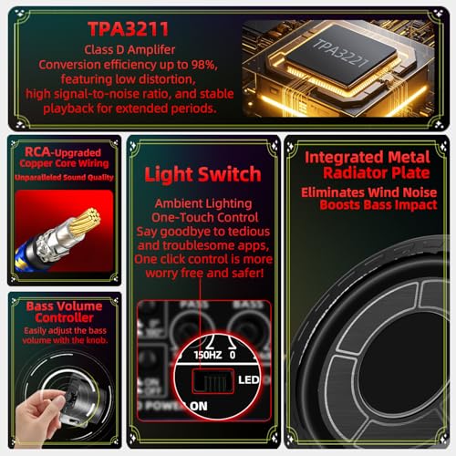 2026 Upgraded 1600W Car Subwoofers, 10" Ultra-Thin Powered Under-Seat Subs with Built-in Amplifier, (LPF/Gain/Bass Boost) RGB Ambient Lights, Independent Bass Knob, High Output Distortion-Free Audio - color: Red MJHS