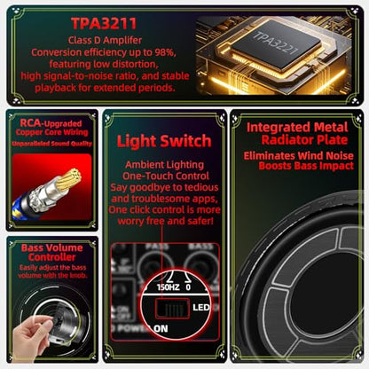 2026 Upgraded 1600W Car Subwoofers, 10" Ultra-Thin Powered Under-Seat Subs with Built-in Amplifier, (LPF/Gain/Bass Boost) RGB Ambient Lights, Independent Bass Knob, High Output Distortion-Free Audio - color: Red MJHS