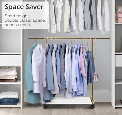 MISSLO Short Clothing Racks for Hanging Clothes with Bottom Shelves and Wheels Heavy Duty Rolling Clothes Rack Kids Clothing Rack for Adult Coat, Closet, Wardrobe (Gold) - color: Gold