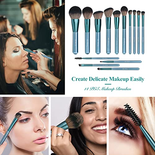 BS-MALL 14 Pcs Makeup Brushes Set with 1 Pcs Makeup Sponge – Essential Foundation Powder Concealers, Eye Shadows, Blush Makeup Brushes with Travel Makeup Case (Z-Blue) - color: Z-Blue