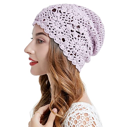 ZLYC Women Cotton Crochet Slouchy Beanie Hat Handmade Knit Summer Skull Cap | Lightweight breathable,boho casual chic look,travel photos festival party,café commute daily wear,beach concert gathering - color: Solid Purple