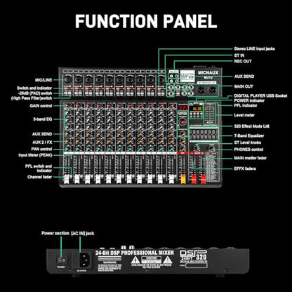 Audio Mixer 12 Channel Professional Sound Console Music Mixer with 320 DSP Effects, 7-band EQ DJ Mixing Board w/USB, Bluetooth, 48V Power Supply, PAD Button for Recording Karaoke PA Drum Live - size: 12 Channel - 17.4in