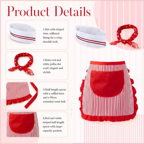 Adult 1950s Waiter Costume Kit for Men Women | Movie Night Worker Costume Set with Red & White Striped Apron Hat Bow Tie Polka-dot Scarf for Halloween 1950s Party Cosplay - color: Red - 10pcs